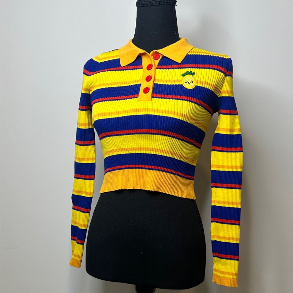 Cider Yellow, Blue & Red Striped Cropped Polo Top